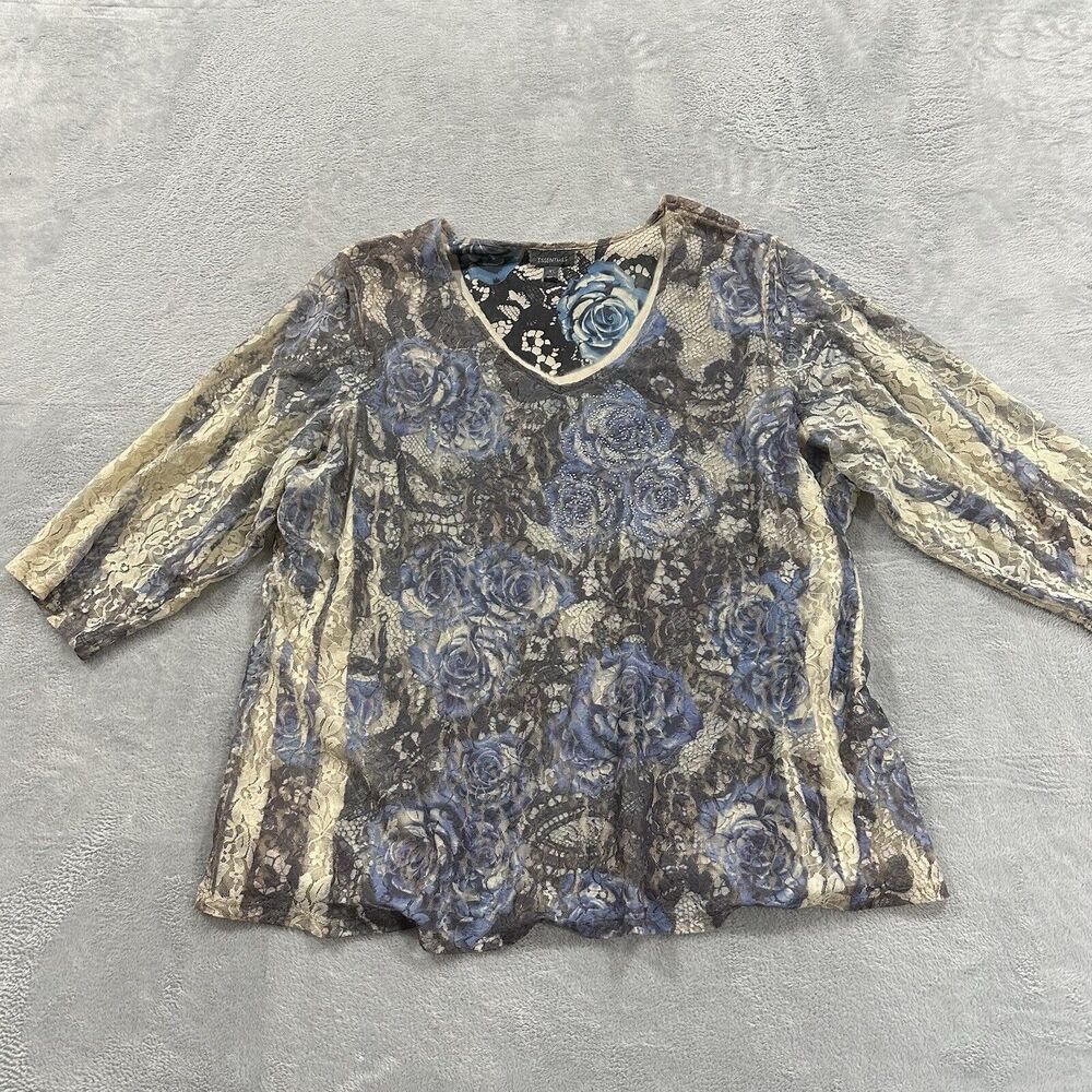 Essentials Half Sleeve Shirt Top Blouse Women 3X Blue Glitter Lace